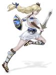  bare_shoulders blonde_hair braid earrings hair_ornament jewelry mature miniskirt sandals shield simple_background skirt solo sophitia_alexandra soulcalibur soulcalibur_iv sword weapon 