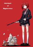  bird blazer chicken copyright_name feathers gun jacket legs matsuryuu mission-chan mission-chan_no_dai-bouken pleated_skirt red_background red_eyes red_hair school_uniform short_hair skirt socks sweatdrop weapon 