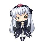  &gt;_&lt; blush_stickers chibi closed_eyes dress drinking drinking_straw hairband long_hair musashino_udon rozen_maiden silver_hair solo suigintou wings yakult 