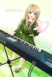  blonde_hair blue_eyes blush checkered dress full_body fuwafuwa_time heart instrument k-on! keyboard_(instrument) kisaragi_miyu kotobuki_tsumugi long_hair solo standing 