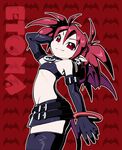  bat_wings demon_girl disgaea earrings elbow_gloves etna fang flat_chest gloves highres jewelry kurono miniskirt pointy_ears red_eyes red_hair skirt smile solo tail thighhighs wings 