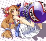  :o barefoot blonde_hair bloomers blush bow chain feet gourd hair_bow holding horns ibuki_suika legs_up long_hair lying on_back oversized_object red_eyes rozen5 solo touhou underwear 