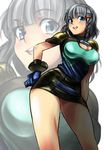 blue_eyes braid breasts cleavage from_below gloves hand_on_hip large_breasts mas miniskirt seolla_schweizer short_hair silver_hair single_braid skirt solo super_robot_wars thighs wide_hips zoom_layer 