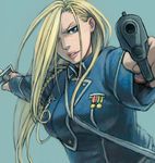  aiguillette aiming_at_viewer amestris_military_uniform blonde_hair blue_eyes dual_wielding fullmetal_alchemist gun hair_over_one_eye handgun holding lips long_hair military military_uniform mukuo olivier_mira_armstrong pistol simple_background smile solo uniform weapon 