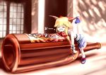  =_= blonde_hair bottle chain horns ibuki_suika long_hair md5_mismatch minigirl ribbon solo straddling touhou tsubasa_(abchipika) 