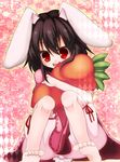  animal_ears bad_id bad_pixiv_id barefoot black_hair bloomers bunny_ears carrot carrot_pillow inaba_tewi nochita_shin open_mouth pillow pillow_hug red_eyes short_hair sitting smile solo teeth touhou underwear 