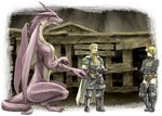  armor blonde_hair claws dragon female feral final_fantasy final_fantasy_tactics group hair hand_holding horns human knife male mammal outside pink_skin scalie squatting stable tail unknown_artist weapon wings 