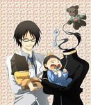  1girl aile_(crossroads) baby bag celty_sturluson durarara!! headless if_they_mated kishitani_shinra pacifier paper_bag rattle stuffed_animal stuffed_toy teddy_bear 