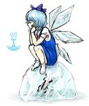  blue_hair cirno fairy frog hair_ribbon ice kitayuki_kajika profile ribbon short_hair sitting sketch socks solo touhou wings 