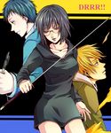  2boys bad_id bad_pixiv_id black_hair blonde_hair blue_eyes bob_cut breasts dress durarara!! glasses hood hoodie kida_masaomi konnyaku_serori large_breasts multiple_boys pen red_eyes ryuugamine_mikado short_hair sonohara_anri sword weapon yellow_eyes 