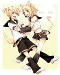  1girl animal_ears blonde_hair blue_eyes brother_and_sister dog_ears dog_tail hair_ornament hairclip hug kagamine_len kagamine_rin midriff navel shorts siblings tail tama_(songe) twins vocaloid 