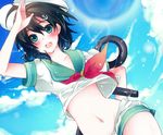  anchor bad_id bad_pixiv_id black_hair blush dutch_angle hair_ornament hat midriff murasa_minamitsu navel sailor sanada_nako short_hair shorts solo touhou wet 