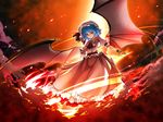  &gt;:) backlighting bat_wings blue_hair cravat fire frilled_skirt frills hat jewelry large_wings long_skirt open_mouth outstretched_arms puffy_short_sleeves puffy_sleeves red_eyes remilia_scarlet short_hair short_sleeves skirt smile smoke solo spear_the_gungnir spread_arms sukuna_(artist) touhou v-shaped_eyebrows wings wrist_cuffs 