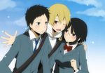  2boys black_hair blonde_hair blue_eyes bob_cut breasts durarara!! glasses kida_masaomi kurot large_breasts multiple_boys red_eyes ryuugamine_mikado school_uniform short_hair sonohara_anri yellow_eyes 