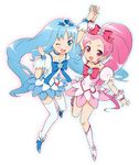  blue_choker blue_eyes blue_hair blue_skirt boots bow choker cure_blossom cure_marine earrings hair_ornament hanasaki_tsubomi heart heartcatch_precure! jewelry knee_boots kurumi_erika long_hair magical_girl mattaku_mousuke multiple_girls one_eye_closed pink_bow pink_choker pink_eyes pink_hair ponytail precure skirt thighhighs very_long_hair 