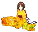  ariko_(agave) black_hair erika_(pokemon) furisode hairband highres japanese_clothes kimono on_ground open_mouth pokemon pokemon_(game) pokemon_hgss short_hair simple_background solo white_background yellow_kimono 