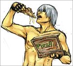  1boy box capcom dante dante_(devil_may_cry) devil_may_cry devil_may_cry_3 driving_gloves eating fingerless_gloves food gloves male male_focus muscle nipples pizza shirtless simple_background solo tongue topless white_hair 