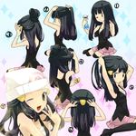  adjusting_hair armpits beanie black_hair black_legwear hair_ornament hairdressing hat hikari_(pokemon) hime_cut how_to kneehighs long_hair mouth_hold multiple_views one_eye_closed pokemon sequential sitting smile suzumiyu thighhighs v yokozuwari 