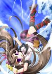  brown_hair cellphone checkered checkered_skirt cloud day geta hat highres himekaidou_hatate koha light_trail long_hair necktie open_mouth phone pointy_ears purple_eyes skirt sky solo tengu-geta tokin_hat touhou twintails upside-down 