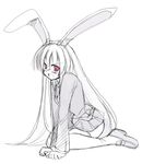  angry animal_ears bunny_ears monochrome reisen_udongein_inaba seo_tatsuya sketch skirt solo spot_color thighhighs touhou 