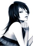  bare_shoulders black_hair cat_eyes dark_hair earrings jewelry monochrome slit_pupils takenaka 