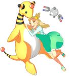  ampharos dress gen_1_pokemon gen_2_pokemon happy magnemite mikan_(pokemon) pokemon pokemon_(creature) pokemon_(game) pokemon_hgss sandals simple_background tetsuo_(amenohutikoma) two_side_up 