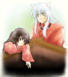  animal_ears brown_eyes brown_hair child inuyasha inuyasha_(character) japanese_clothes jewelry long_hair necklace rin_(inuyasha) simple_background white_hair yellow_eyes 