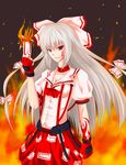  absurdres alternate_costume bow collar fingerless_gloves fire fujiwara_no_mokou gloves hair_bow hair_ribbon highres long_hair red_eyes ribbon shou_mai solo suspenders tattoo touhou white_hair 