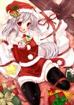  black_legwear blush christmas fang hat long_hair open_mouth original red_eyes santa_costume santa_hat scarlet_(studioscr) smile solo tail thighhighs white_hair 