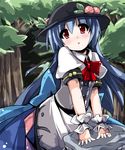  arm_support bad_hands blue_hair fa_no_hito food forest fruit hat hinanawi_tenshi leaning_forward long_hair nature peach red_eyes ribbon solo stone touhou tree wrist_cuffs 