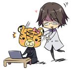  1girl animal_costume artist_request bow celty_sturluson computer durarara!! glasses heart kishitani_shinra labcoat laptop lion_costume lowres 