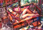  bamboo barefoot bird birdcage black_hair blue_eyes blurry branch breasts cage chinese_clothes cleavage couch crown depth_of_field feathers flower footstool fuji_choko hanging hat highres legs long_hair lying medium_breasts no_socks on_back original pillow shoes single_shoe solo vase 