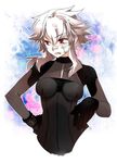  :q bad_id bad_pixiv_id bandages bandaid bodysuit breasts bruise cleavage copyright_request gloves hand_on_hip injury large_breasts red_eyes short_hair solo tongue tongue_out toujou_sakana white_hair 