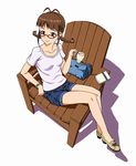 akizuki_ritsuko book bracelet brown_hair casual chair cup glasses idolmaster idolmaster_(classic) jewelry kaimuu_(fahrenheit724) legs shorts simple_background sitting sitting_sideways solo 