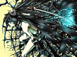  bikini_top black_hair black_rock_shooter black_rock_shooter_(character) elbow_gloves givuchoko gloves highres katana long_hair pale_skin shorts solo sword very_long_hair weapon 