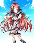 ahoge android bad_id bad_pixiv_id belt cloud colored_eyelashes day dress eyelashes gloves headphones headset highres kneehighs long_hair red_eyes red_hair robot_joints sf-a2_miki sky smile socks solo star striped striped_gloves striped_legwear thighhighs tsukioka_tsukiho vocaloid wrist_cuffs 