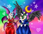  alest_lusia blue_eyes capelet clenched_hands crescent green_eyes green_hair hair_bobbles hair_ornament hat heart mima multiple_girls multiple_wings shinki silver_hair staff star touhou wings wizard_hat 