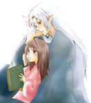  book brown_eyes brown_hair child facial_mark forehead_mark inuyasha japanese_clothes long_hair pointy_ears rin_(inuyasha) sesshoumaru white_hair 