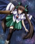  alternate_hairstyle arm_cannon black_hair black_legwear black_wings cape hair_ribbon long_hair nawate_(dij) red_eyes reiuji_utsuho ribbon solo thighhighs touhou twintails very_long_hair weapon wings zettai_ryouiki 