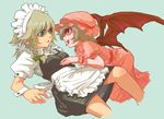  apron bat_wings blue_eyes braid hands hat izayoi_sakuya maid maid_headdress momijigari multiple_girls red_eyes remilia_scarlet short_hair silver_hair touhou wings wrist_cuffs yuri 