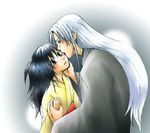  black_hair blush brown_eyes facial_mark forehead_mark hand_holding inuyasha lick licking long_hair pointy_ears rin_(inuyasha) sesshoumaru simple_background white_hair 