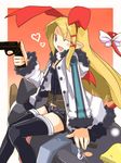  asagiri_asagi asagiri_asagi_(cosplay) asagiri_asagi_(prinny) bat_wings belt blonde_hair boots bow cosplay demon_girl demon_tail disgaea flonne flonne_(fallen_angel) fur_coat gun long_hair nippon_ichi pointy_ears prinny red_eyes shorts smile solo tail tail_bow thigh_boots thighhighs ug_(nekonekodou) weapon wings 