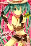  bad_id bad_pixiv_id belt bikini_top breasts cleavage cowboy_hat dual_wielding fingerless_gloves fringe_trim front-tie_top gloves green_eyes green_hair groin gun handgun hat hatsune_miku hinase_haruka holding large_breasts long_hair one_eye_closed revolver shorts solo strap_slip very_long_hair vocaloid weapon western 