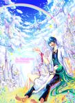 1girl artist_request blue_eyes closed_eyes cloud day hatsune_miku kaito long_hair lying multicolored_hair musical_note prism rainbow red_string sky string vocaloid 