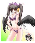  bikini black_hair black_wings breast_envy cellphone checkered checkered_bikini danshaku english hand_on_hip hat himekaidou_hatate long_hair low_wings multiple_girls phone profanity red_eyes shameimaru_aya swimsuit tokin_hat touhou twintails wings 