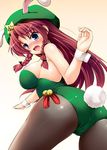  animal_ears ass blue_eyes blush braid breasts bunny_ears bunnysuit fang hat hong_meiling kemonomimi_mode large_breasts long_hair looking_back pantyhose red_hair solo tekehiro touhou twin_braids 