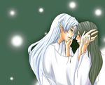  brown_eyes claws couple facial_mark forehead_mark grey_hair inuyasha long_hair pointy_ears rin_(inuyasha) sesshoumaru white_hair 