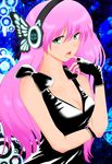  bow breasts bug butterfly cleavage fingerless_gloves gloves green_eyes headphones highres insect long_hair magnet_(vocaloid) medium_breasts megurine_luka pink_hair skin_tight solo vocaloid 