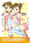  bad_id bad_pixiv_id bat_wings demon_girl elbow_gloves futami_ami futami_mami gloves hanatsuka horns idolmaster idolmaster_(classic) multiple_girls short_hair siblings side_ponytail sisters smile striped striped_legwear tail thighhighs twins wings 