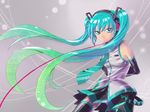  bare_shoulders black_legwear circuit_board colored_eyelashes detached_sleeves eyelashes gradient_hair green_eyes green_hair hatsune_miku headphones highres karlwolf long_hair multicolored_hair necktie patterned pleated_skirt skirt solo thighhighs twintails unmoving_pattern very_long_hair vocaloid zettai_ryouiki 